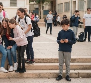 Children laughing together around one phone on school steps while a boy stands apart, holding his own.